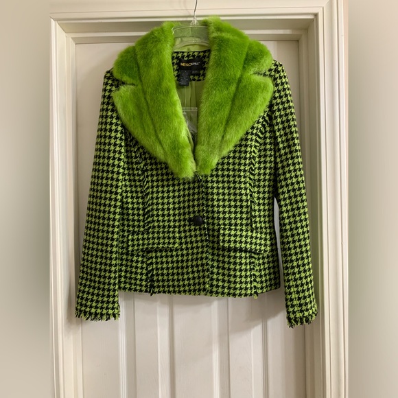 Metrostyle Size 4 Green/Black Houndstooth Fur Trim Career Blazer - Picture 1 of 2